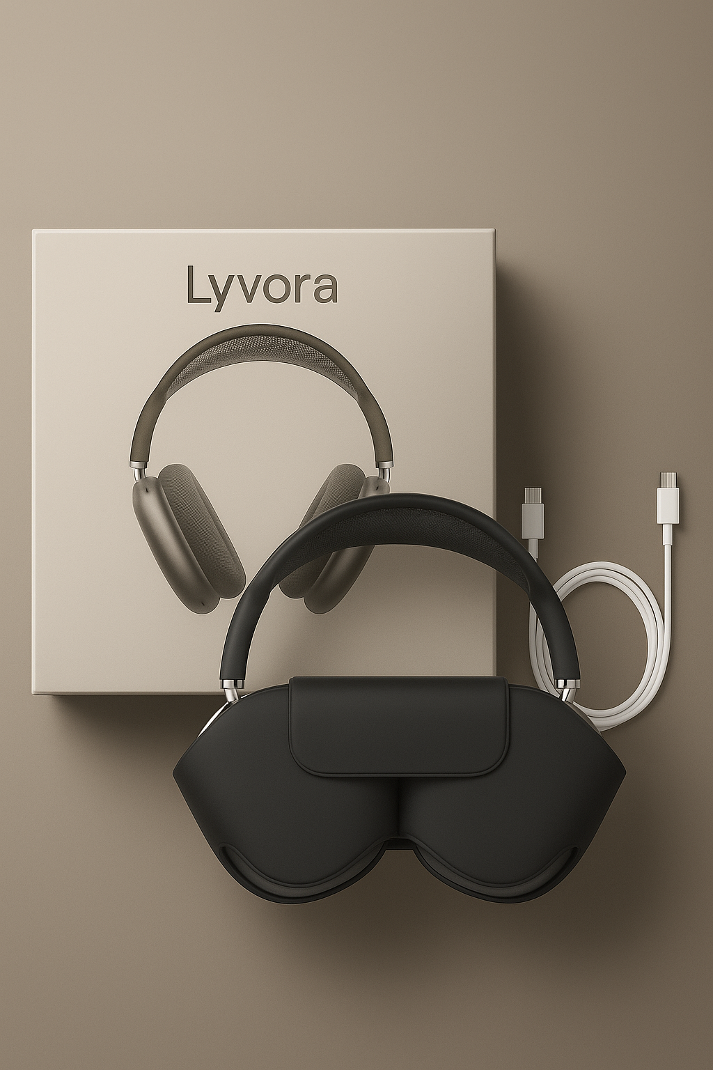 Contenu de la boîte Lyvora AeroMax™ : casque, étui de transport, câble USB-C et packaging