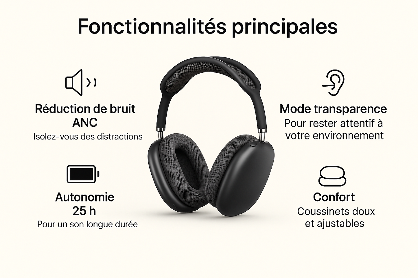 Fonctionnalités du casque Lyvora AeroMax™ : isolation sonore, autonomie 25h, mode transparence, confort ajustable