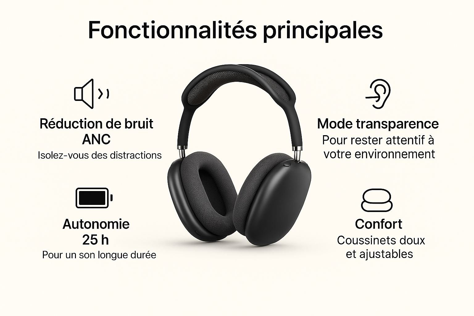 Fonctionnalités du casque Lyvora AeroMax™ : isolation sonore, autonomie 25h, mode transparence, confort ajustable